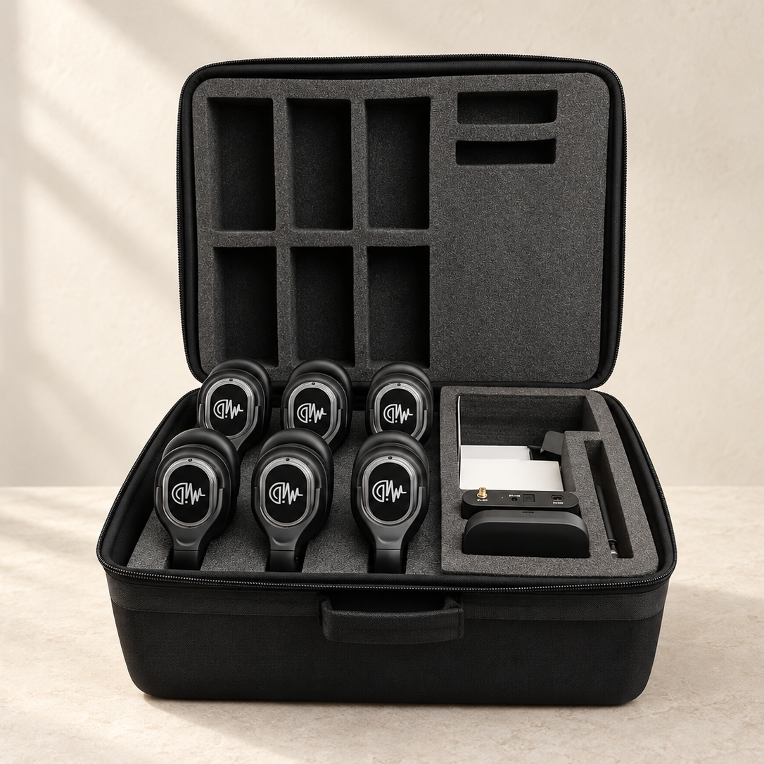 An open black foam-lined carrying case holding six black circular devices with white circular logos, plus a small white rectangular item and a black accessory in a foam tray, set on a light beige surface against a beige wall.