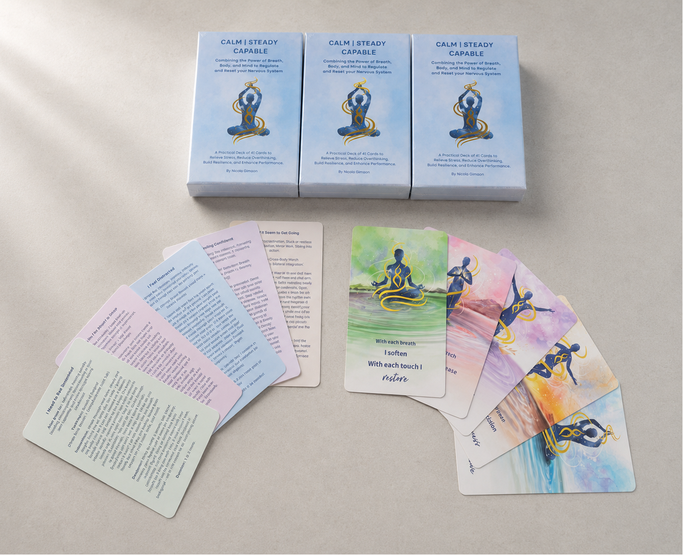 Set of 'Calm & Steady' cards and boxes on a light background