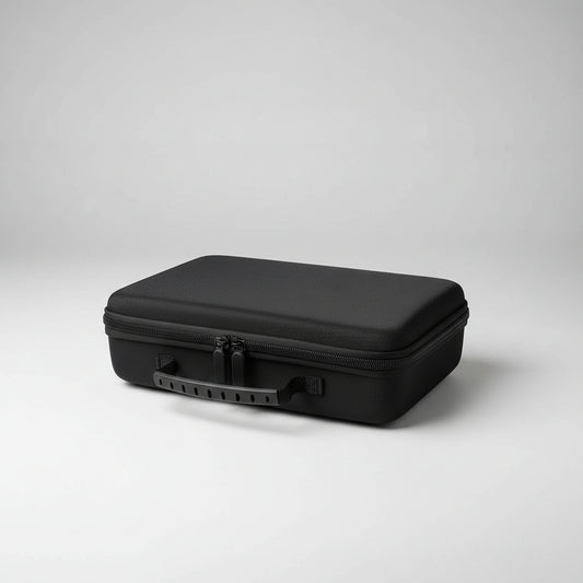 Black hard-shell travel case next to a white rectangular box on a gray concrete floor.