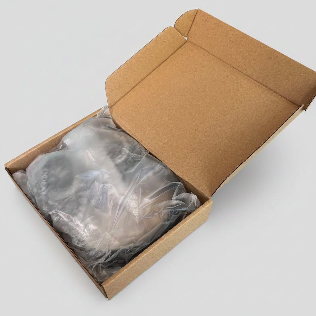 Open cardboard box with a plastic-wrapped item on a concrete floor