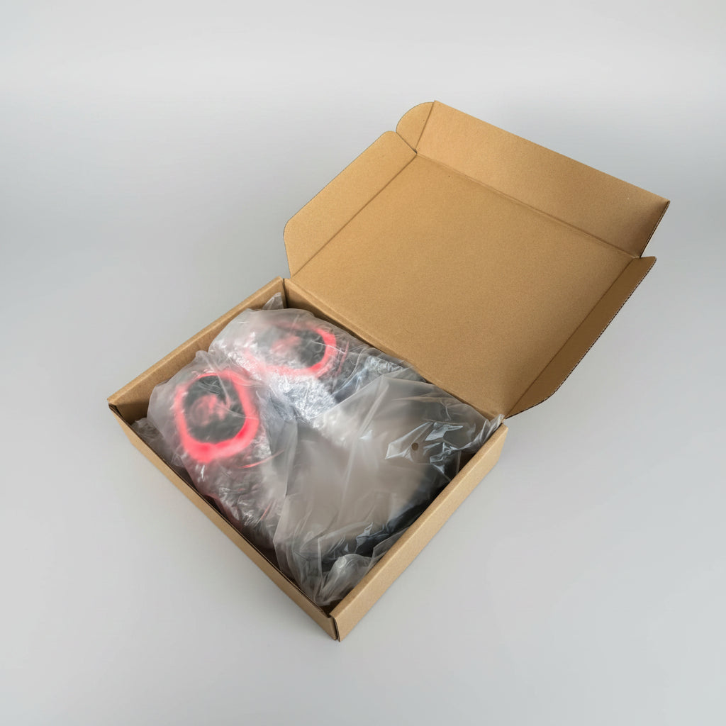 Open cardboard box with a plastic-wrapped item on a concrete floor