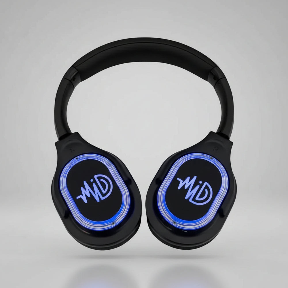 Black over-ear headphones with glowing blue LED accents around the earcups, featuring a stylized 'WID' logo on each cup, shown against a solid black background.