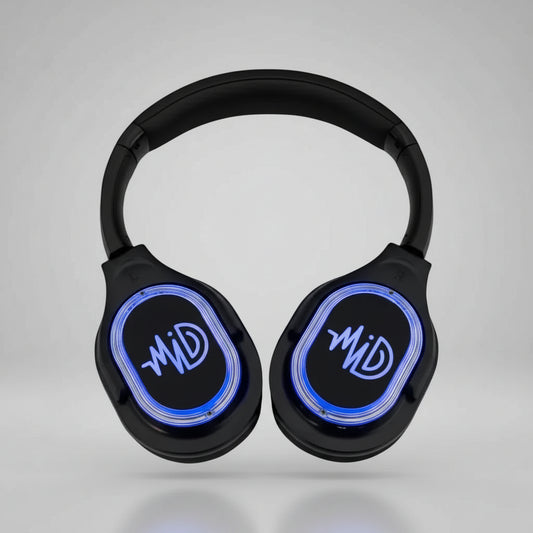 Black over-ear headphones with glowing blue LED accents around the earcups, featuring a stylized 'WID' logo on each cup, shown against a solid black background.
