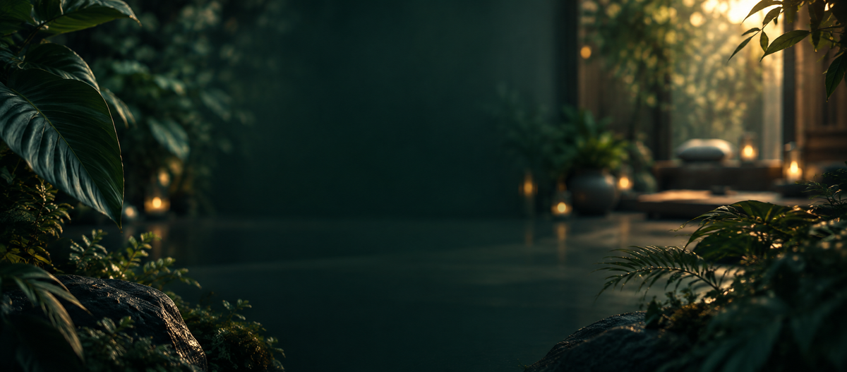 A serene, dark tropical garden scene with a calm reflective pool, lush green foliage framing the foreground, and warm glowing lights in the background.